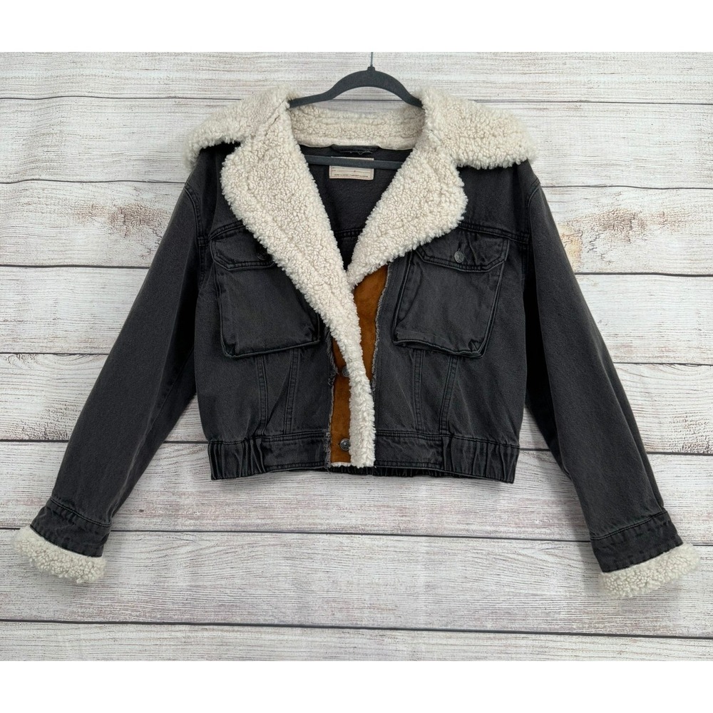 We The Free Denim Jacket Women S Black Sherpa Lined Cropped Hooded OB1229990